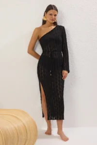 TRENDYOLMİLLA Black Knitting slit Maxi Beach Dress