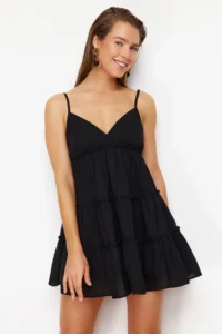 TRENDYOLMİLLA beachwear 100% Cotton Black Weaving with flywheel Mini Dress