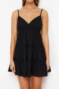 TRENDYOLMİLLA beachwear 100% Cotton Black Weaving with flywheel Mini Dress - Image 4