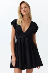 TRENDYOLMİLLA Black Mini Weaving Cut Out Detailed linen blended Beach Dress - Image 2