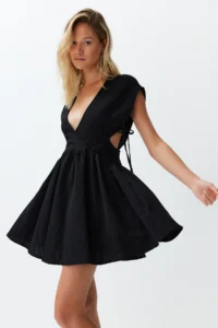 TRENDYOLMİLLA Black Mini Weaving Cut Out Detailed linen blended Beach Dress - Image 6