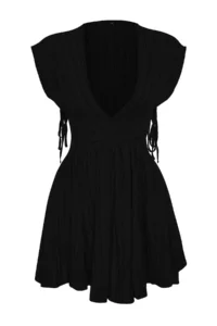 TRENDYOLMİLLA Black Mini Weaving Cut Out Detailed linen blended Beach Dress - Image 7