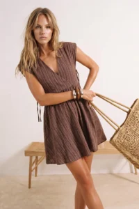 TRENDYOLMİLLA Brown Weaving Cut Out Detailed Beach Mini Dress