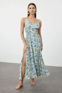 TRENDYOLMİLLA flower patterned Weaving Binding Detailed Maxi Beach Dress