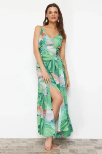 TRENDYOLMİLLA Tropical Patterned Weaving Binding Detailed Maxi Beach Dress - Image 2