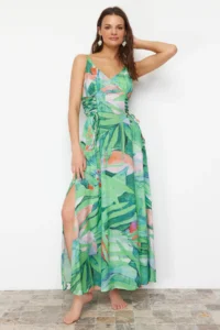 TRENDYOLMİLLA Tropical Patterned Weaving Binding Detailed Maxi Beach Dress - Image 3