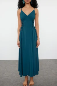 TRENDYOLMİLLA Petrol Weaving Binding Detailed Maxi Beach Dress - Image 3