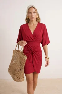 TRENDYOLMİLLA Burgundy Fitted Mini Knitting Shirred Beach Dress - Image 2