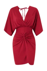 TRENDYOLMİLLA Burgundy Fitted Mini Knitting Shirred Beach Dress - Image 5