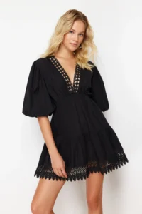 TRENDYOLMİLLA beachwear 100% Cotton Black Weaving Lace Mini Dress - Image 2