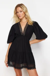 TRENDYOLMİLLA beachwear 100% Cotton Black Weaving Lace Mini Dress - Image 3
