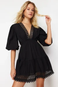 TRENDYOLMİLLA beachwear 100% Cotton Black Weaving Lace Mini Dress - Image 4