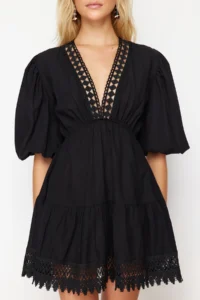TRENDYOLMİLLA beachwear 100% Cotton Black Weaving Lace Mini Dress - Image 5