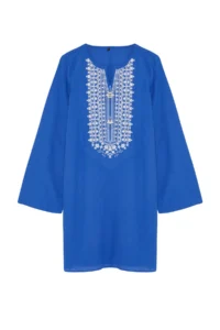 TRENDYOLMİLLA Mavi Mini Weaving Embroidered 100% Cotton Beach Dress - Image 7