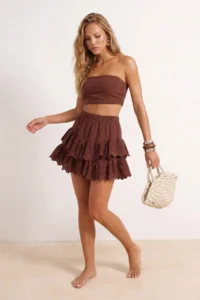 TRENDYOLMİLLA Brown Weaving Embroidered Beach Mini Skirt - Image 2