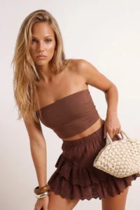 TRENDYOLMİLLA Brown Weaving Embroidered Beach Mini Skirt - Image 3