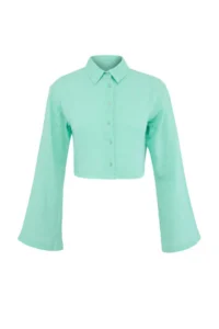 TRENDYOLMİLLA Turquoise Weaving 100% Cotton Beach Crop Shirt - Image 4