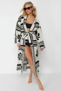 TRENDYOLMİLLA beachwear 100% Cotton flower patterned Weaving Belted Maxi Kimono&Kaftan - Image 2