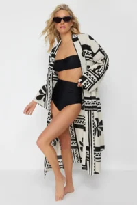 TRENDYOLMİLLA beachwear 100% Cotton flower patterned Weaving Belted Maxi Kimono&Kaftan - Image 3