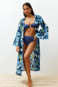 TRENDYOLMİLLA beachwear 100% Cotton flower patterned Weaving Belted Maxi Kimono&Kaftan