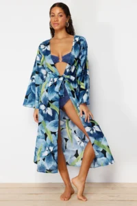 TRENDYOLMİLLA beachwear 100% Cotton flower patterned Weaving Belted Maxi Kimono&Kaftan - Image 3