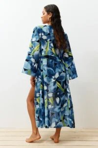 TRENDYOLMİLLA beachwear 100% Cotton flower patterned Weaving Belted Maxi Kimono&Kaftan - Image 4