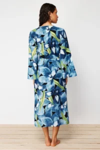 TRENDYOLMİLLA beachwear 100% Cotton flower patterned Weaving Belted Maxi Kimono&Kaftan - Image 6