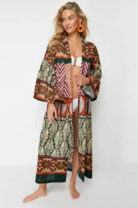 TRENDYOLMİLLA Ethnic Patterned Weaving Maxi Beach Belted Kimono&Kaftan - Image 2