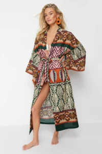 TRENDYOLMİLLA Ethnic Patterned Weaving Maxi Beach Belted Kimono&Kaftan - Image 3