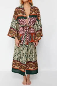 TRENDYOLMİLLA Ethnic Patterned Weaving Maxi Beach Belted Kimono&Kaftan - Image 4