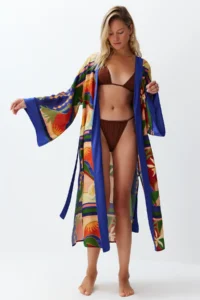 TRENDYOLMİLLA Abstract Patterned Weaving Maxi Beach Belted Kimono&Kaftan