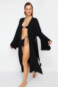 TRENDYOLMİLLA beachwear Black Weaving Frilly Belted Maxi Kimono&Kaftan
