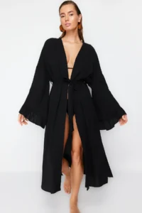 TRENDYOLMİLLA beachwear Black Weaving Frilly Belted Maxi Kimono&Kaftan - Image 3