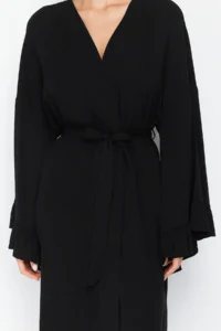 TRENDYOLMİLLA beachwear Black Weaving Frilly Belted Maxi Kimono&Kaftan - Image 4