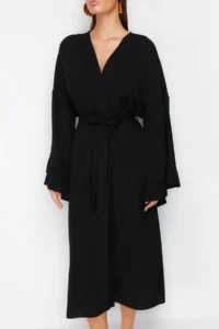 TRENDYOLMİLLA beachwear Black Weaving Frilly Belted Maxi Kimono&Kaftan - Image 5