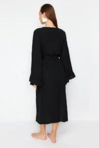 TRENDYOLMİLLA beachwear Black Weaving Frilly Belted Maxi Kimono&Kaftan - Image 6