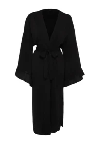 TRENDYOLMİLLA beachwear Black Weaving Frilly Belted Maxi Kimono&Kaftan - Image 7