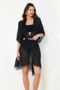 TRENDYOLMİLLA Black Weaving Tassel Midi Beach Kimono&Kaftan