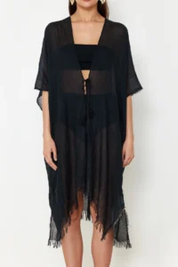 TRENDYOLMİLLA Black Weaving Tassel Midi Beach Kimono&Kaftan - Image 4
