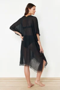 TRENDYOLMİLLA Black Weaving Tassel Midi Beach Kimono&Kaftan - Image 5