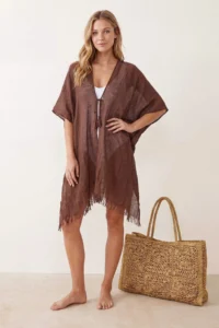 TRENDYOLMİLLA Brown Weaving Tassel Midi Beach Kimono&Kaftan - Image 2