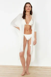TRENDYOLMİLLA Ecru Weaving Tassel Midi Beach Kimono&Kaftan - Image 2
