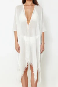 TRENDYOLMİLLA Ecru Weaving Tassel Midi Beach Kimono&Kaftan - Image 3