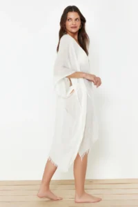 TRENDYOLMİLLA Ecru Weaving Tassel Midi Beach Kimono&Kaftan - Image 5