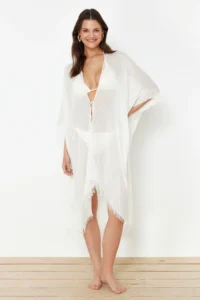 TRENDYOLMİLLA Ecru Weaving Tassel Midi Beach Kimono&Kaftan - Image 6