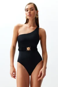 TRENDYOLMİLLA Black Casting with accessories One Shoulder Covered Regular Swimsuit