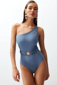 TRENDYOLMİLLA Mavi Döküm with accessories One Shoulder Covered Regular Swimsuit - Image 3