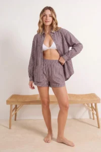 TRENDYOLMİLLA Brown Striped Weaving Beach Shirt Shorts Set