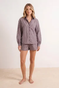 TRENDYOLMİLLA Brown Striped Weaving Beach Shirt Shorts Set - Image 3
