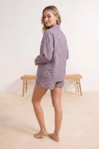 TRENDYOLMİLLA Brown Striped Weaving Beach Shirt Shorts Set - Image 4